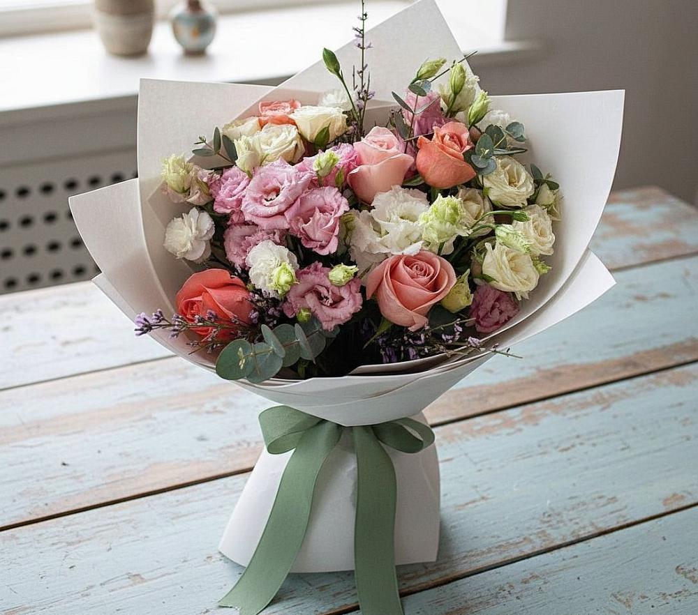 Букет цветов из: Розы, Лизиантусы и Гвоздики в Черногорске