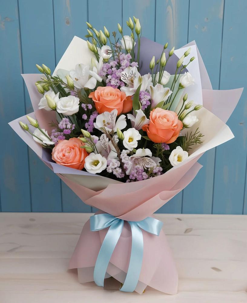 Букет цветов из: Лизиантусы, Розы, Альстромерии и Гипсофила в Черногорске